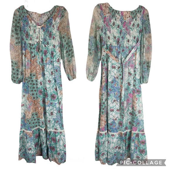 Vintage Dresses & Skirts - Vintage Cottagecore 70s BOHO Balloon Sleeve Floral Shirred Maxi Dress XS/S